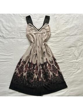 Axes Femme Beige Brown Lace Border Print Midi Dress Whimsigoth Gothic M Japan